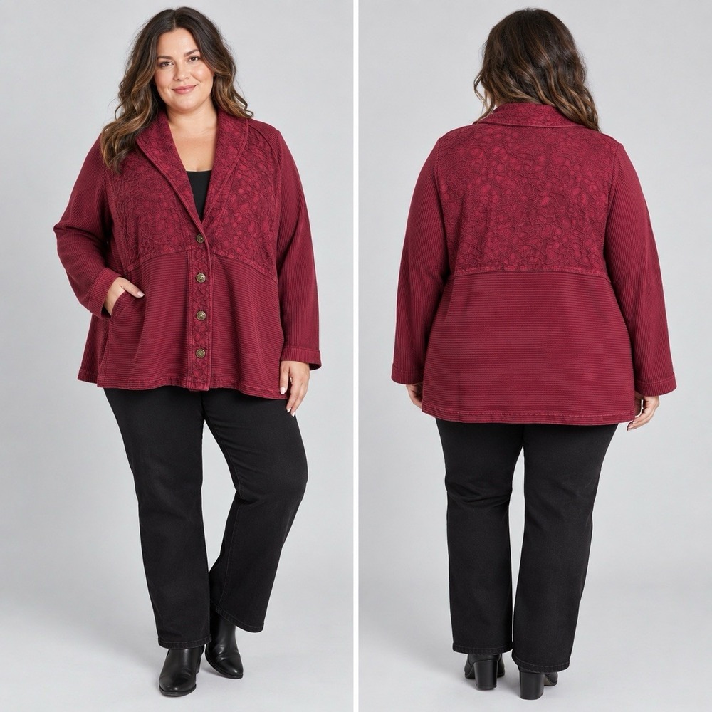 Produce Company Jacket 3X Burgundy Rib Knit Tapestry Floral Boho Artsy Lagenlook